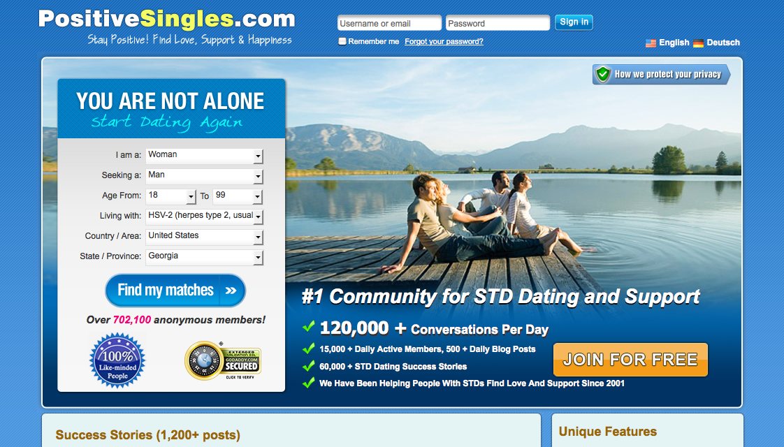 screenshot of the positive singles website