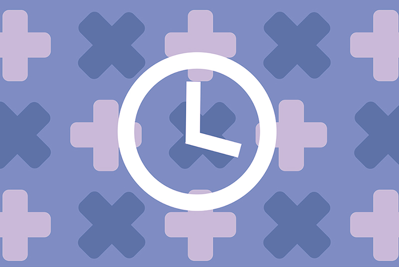 Illustration of clock on medical motif background, for article about when to get tested for HPV